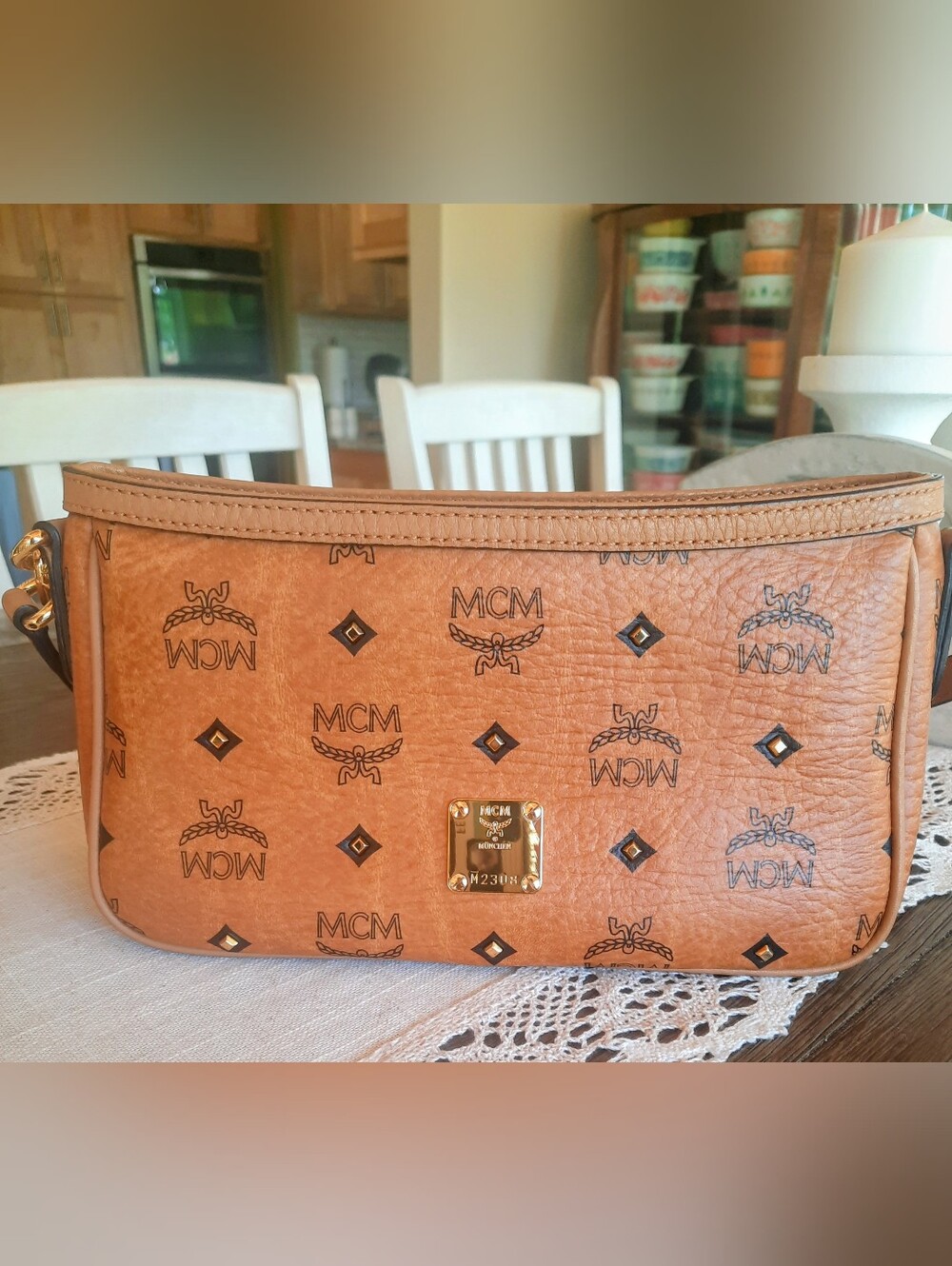 MCM Tan Visetos Logo Crossbody Bag with Gold Plate